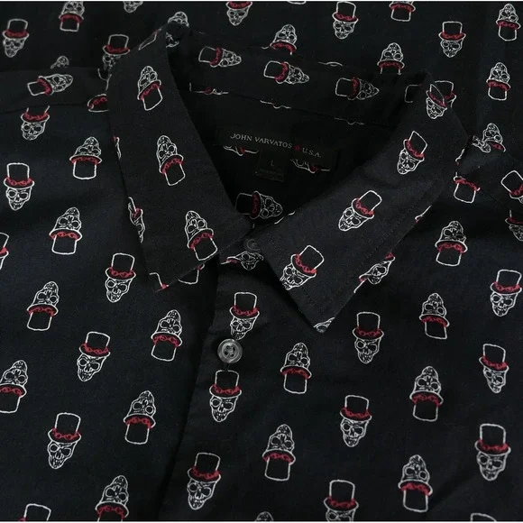 John Varvatos Button Down L Slash Skull Top Hat Print Mens S/S Shirt Rock & Roll - Picture 6 of 10
